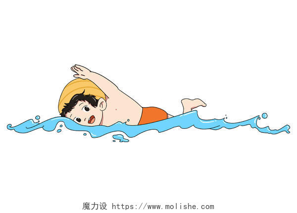 夏天游泳男孩自由泳健身运动锻炼手绘卡通psd素材